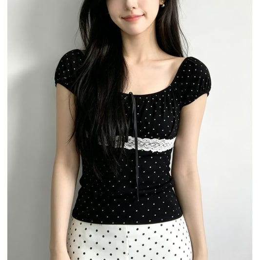 Cap Sleeve Scoop Neck Polka Dot Lace Panel Slim-Fit Top
