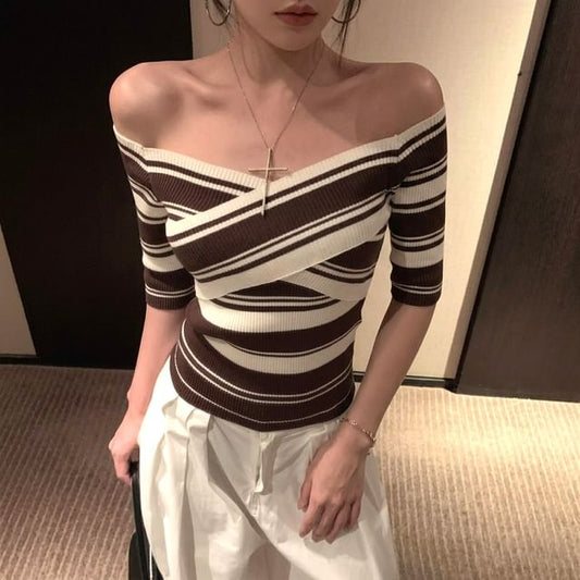 Striped Off-Shoulder Knit Tee with Short Sleeves