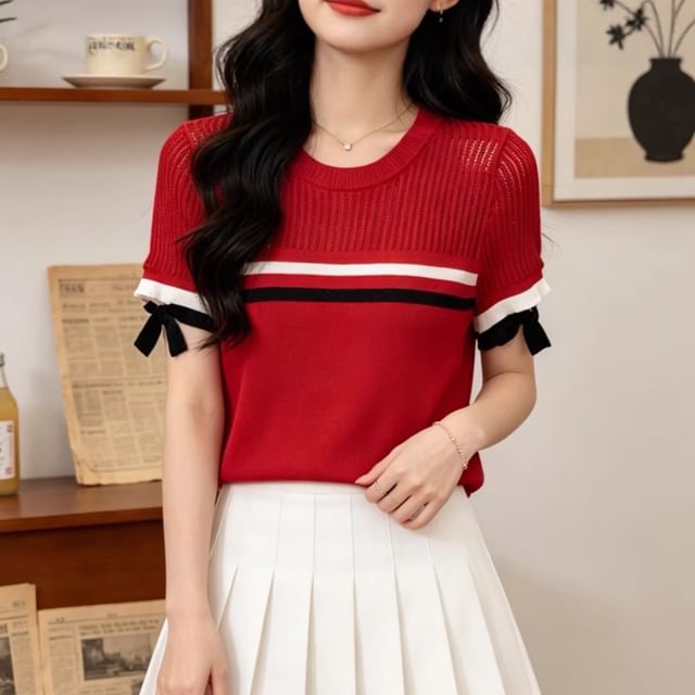 Ribbed Crewneck Knit Top with Short Sleeves