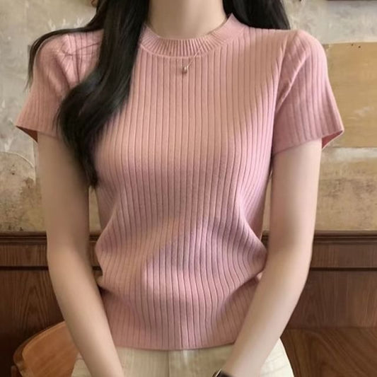 Cropped Crewneck Knit Top with Short Sleeves