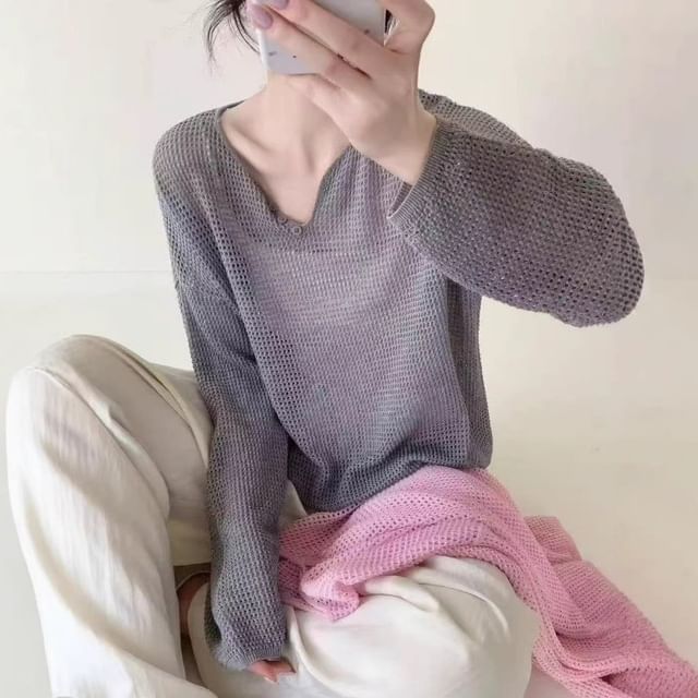 Perforated V-Neck Knit Top with Long Sleeves