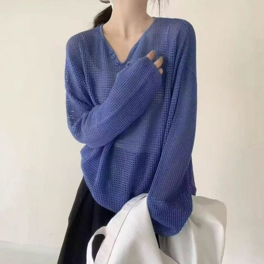 Perforated V-Neck Knit Top with Long Sleeves