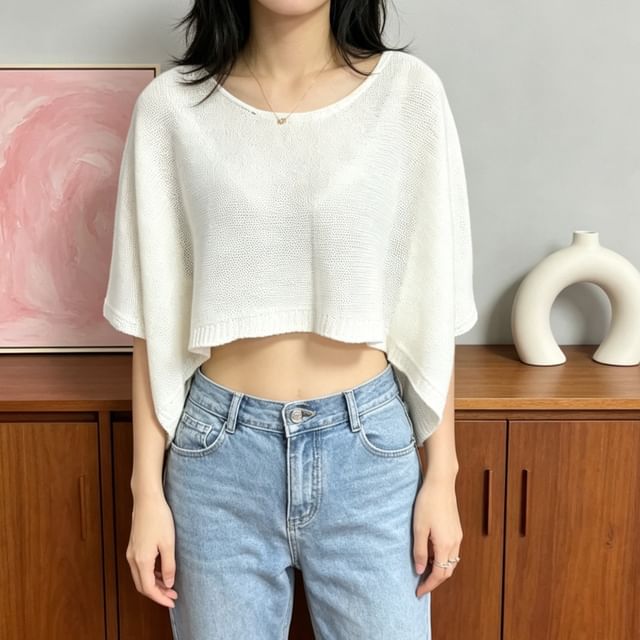 Cropped Boatneck Knit Tee with Three-Quarter Sleeves