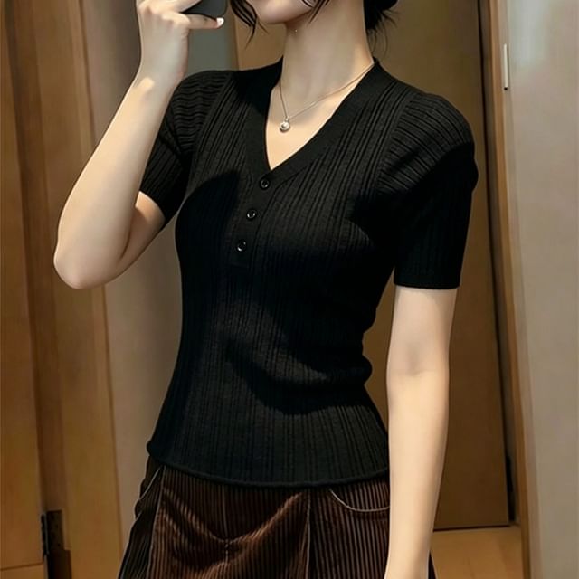 Henley V-Neck Knit Top with Short Sleeves