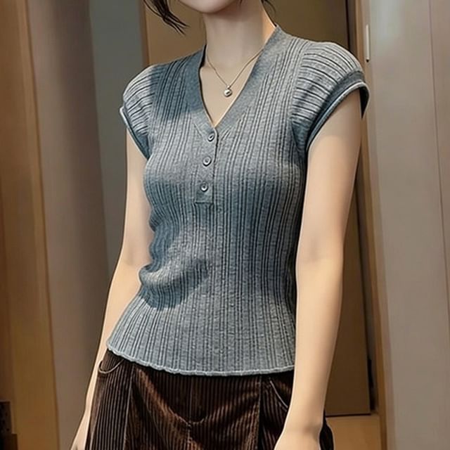 Henley V-Neck Knit Top with Short Sleeves