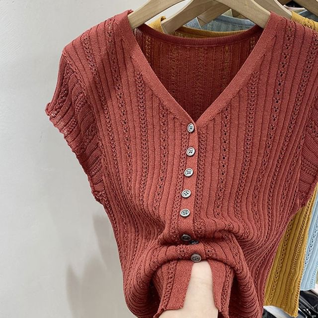 V-Neck Cap Sleeve Eyelet Knit Blouse with Buttons