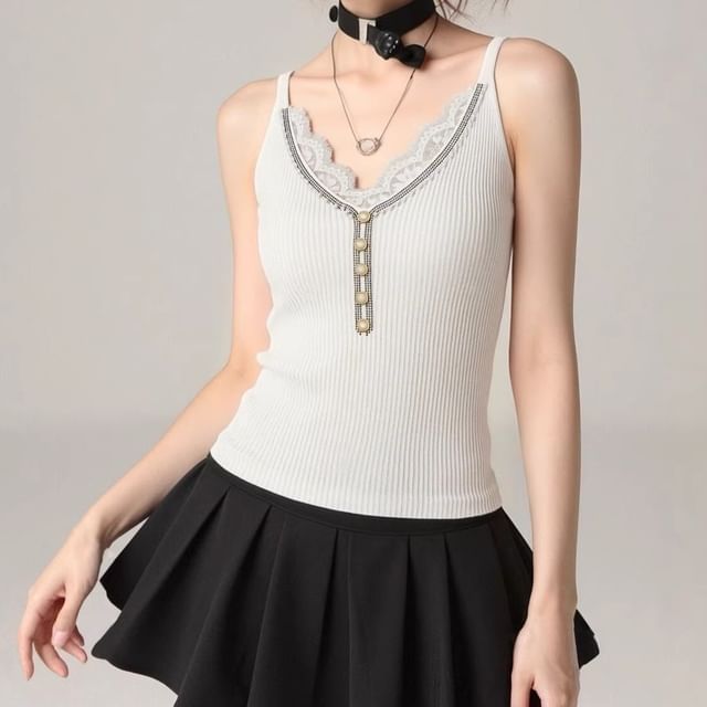 V-Neck Faux Pearl Button Lace Panel Ribbed Knit Camisole Top