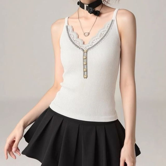 V-Neck Faux Pearl Button Lace Panel Ribbed Knit Camisole Top