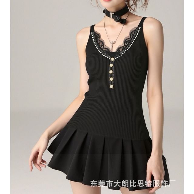 V-Neck Faux Pearl Button Lace Panel Ribbed Knit Camisole Top