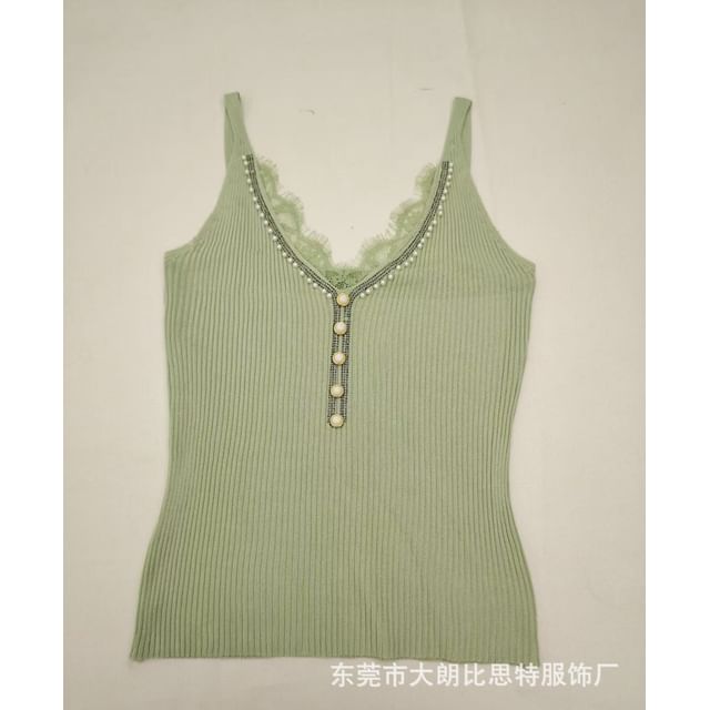 V-Neck Faux Pearl Button Lace Panel Ribbed Knit Camisole Top