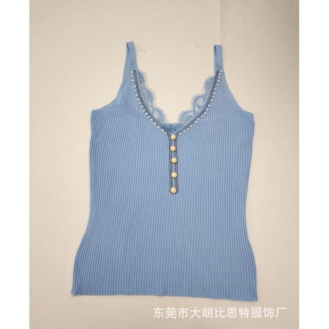 V-Neck Faux Pearl Button Lace Panel Ribbed Knit Camisole Top