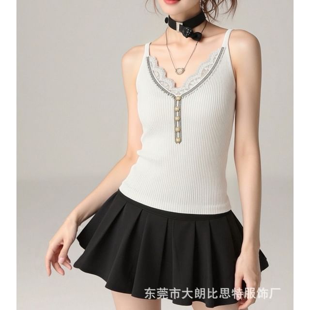 V-Neck Faux Pearl Button Lace Panel Ribbed Knit Camisole Top