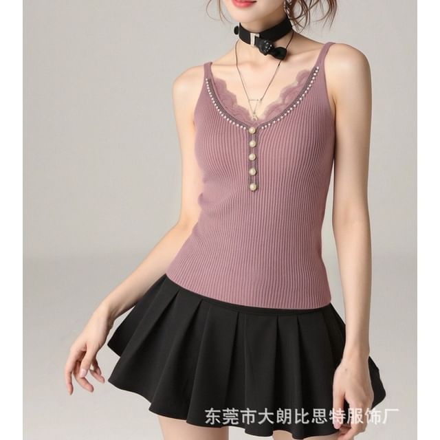 V-Neck Faux Pearl Button Lace Panel Ribbed Knit Camisole Top