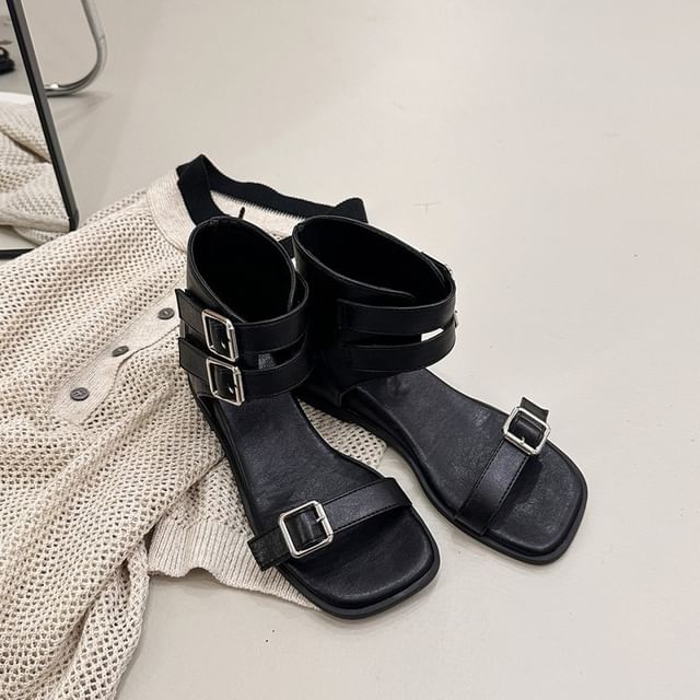 Strappy Buckled Faux Leather Wedge Sandals