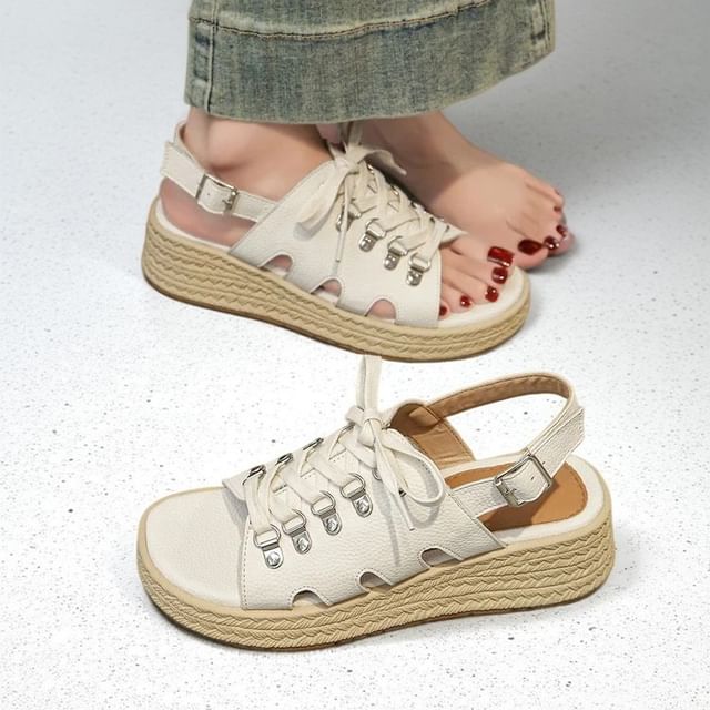 Lace-Up Slingback Faux Leather Wedge Sandals