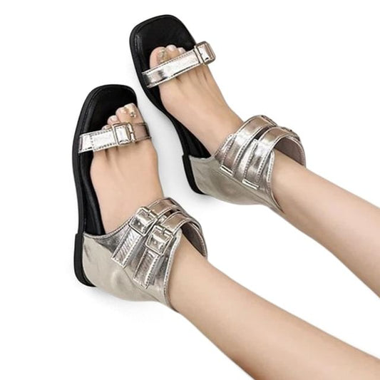 Strappy Buckled Faux Leather Wedge Sandals