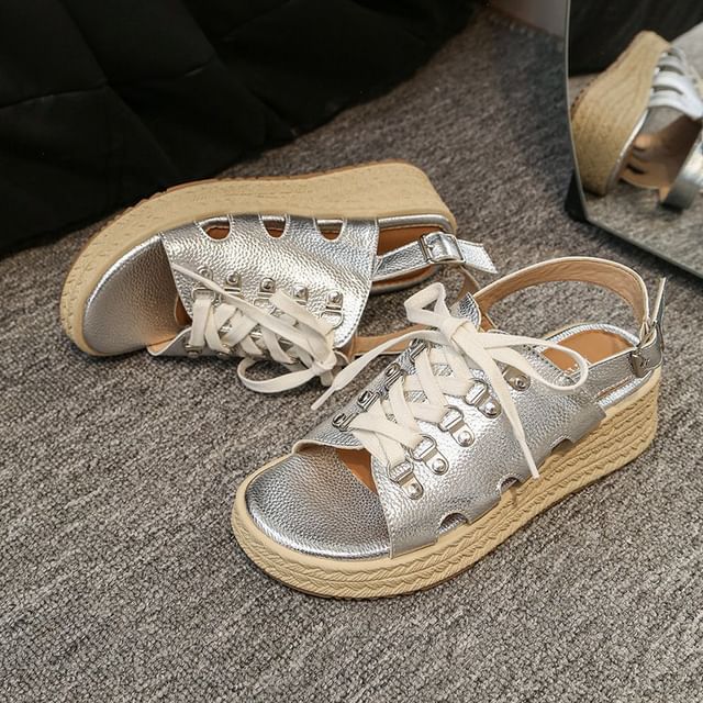 Lace-Up Slingback Faux Leather Wedge Sandals
