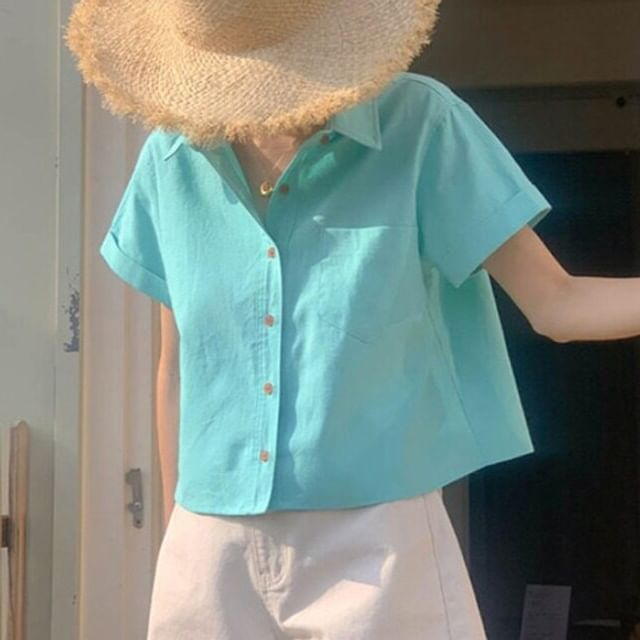 Collared Plain Short Sleeve Shirt