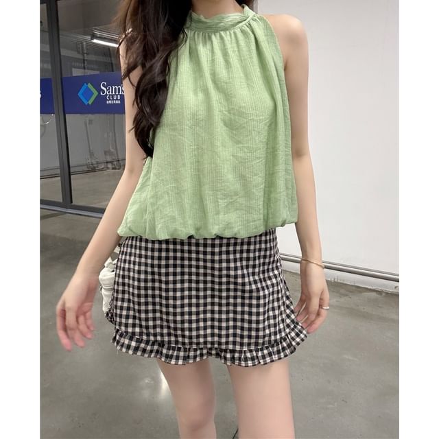 Halter Neck Plain Loose-Fit Tank Top / High Waist Gingham Ruffled Hem Mini Skirt