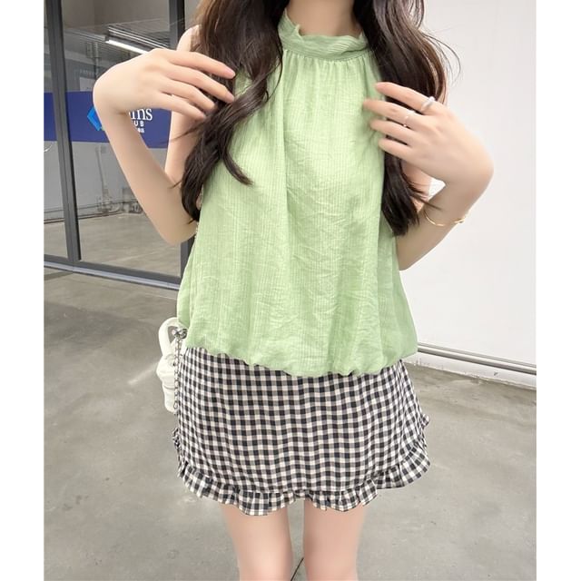 Halter Neck Plain Loose-Fit Tank Top / High Waist Gingham Ruffled Hem Mini Skirt