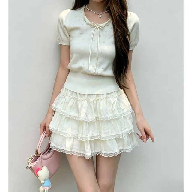 Short Sleeve Plain Slim-Fit Knit Top / High Waist Lace-Trim Mini Tiered Skirt