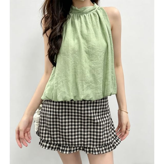 Halter Neck Plain Loose-Fit Tank Top / High Waist Gingham Ruffled Hem Mini Skirt