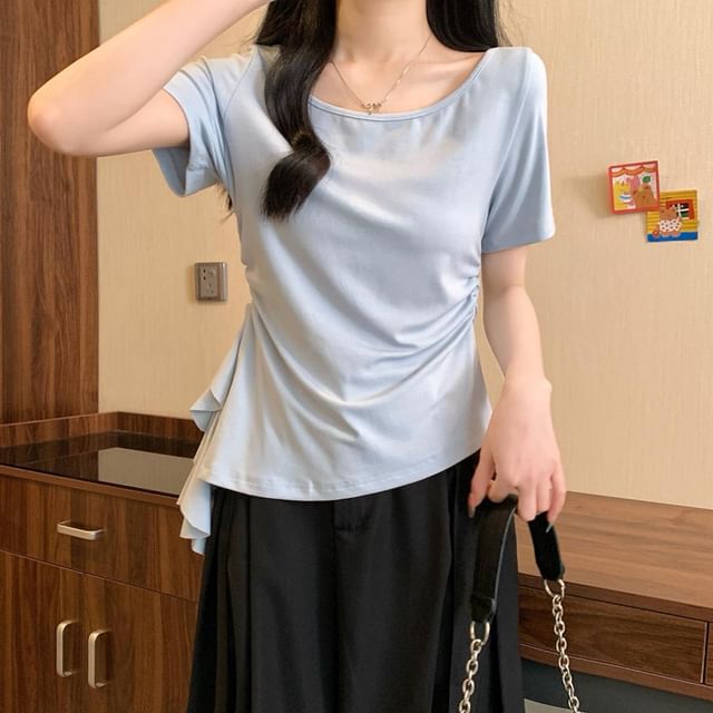 Asymmetrical Ruffle Trim Boat Neck Short Tee
