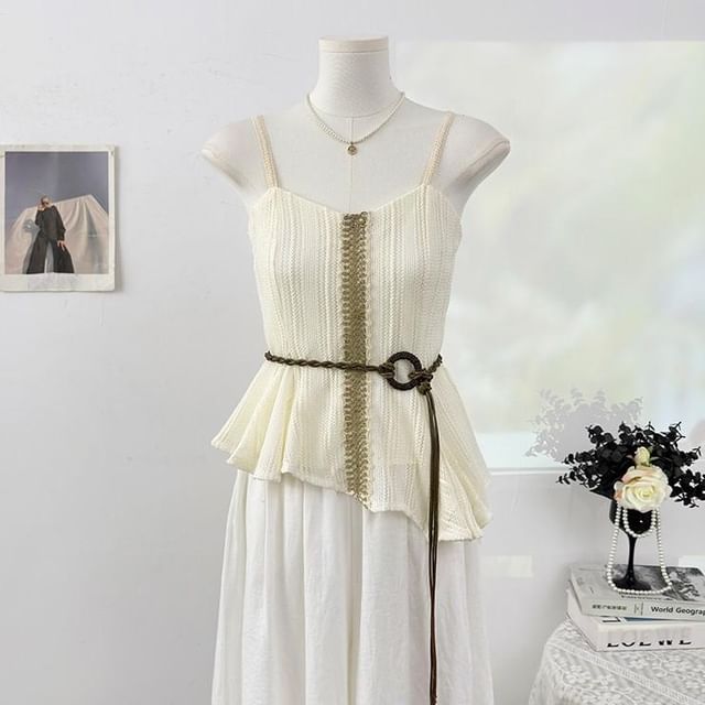 Spaghetti Strap V-Neck Lace Trim Asymmetrical Camisole Top