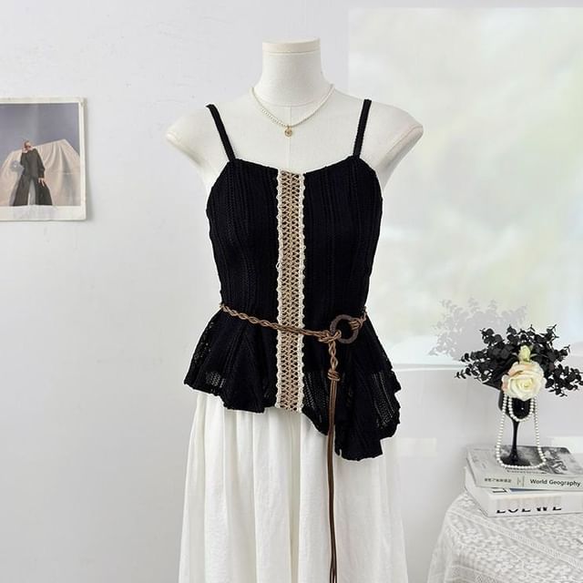 Spaghetti Strap V-Neck Lace Trim Asymmetrical Camisole Top