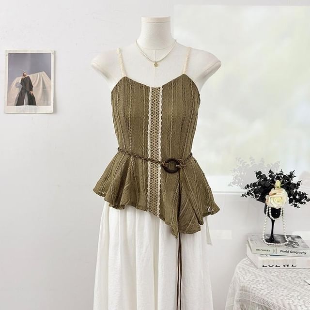 Spaghetti Strap V-Neck Lace Trim Asymmetrical Camisole Top