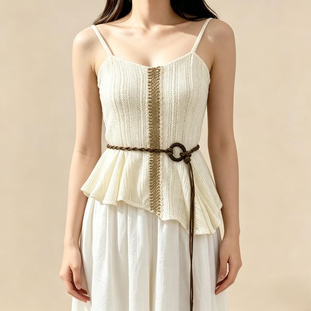 Spaghetti Strap V-Neck Lace Trim Asymmetrical Camisole Top