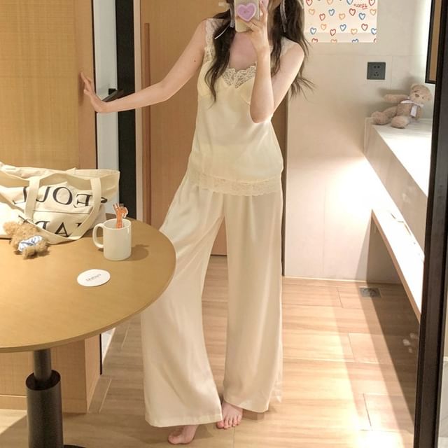 V-Neck Lace Panel Camisole with Shorts and Straight Pants Set