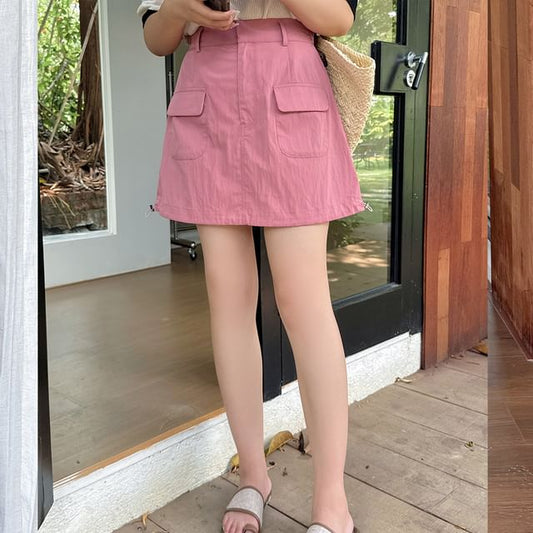 [XL-4XL]High Waist Plain Pocket Detail Mini A-Line Skirt