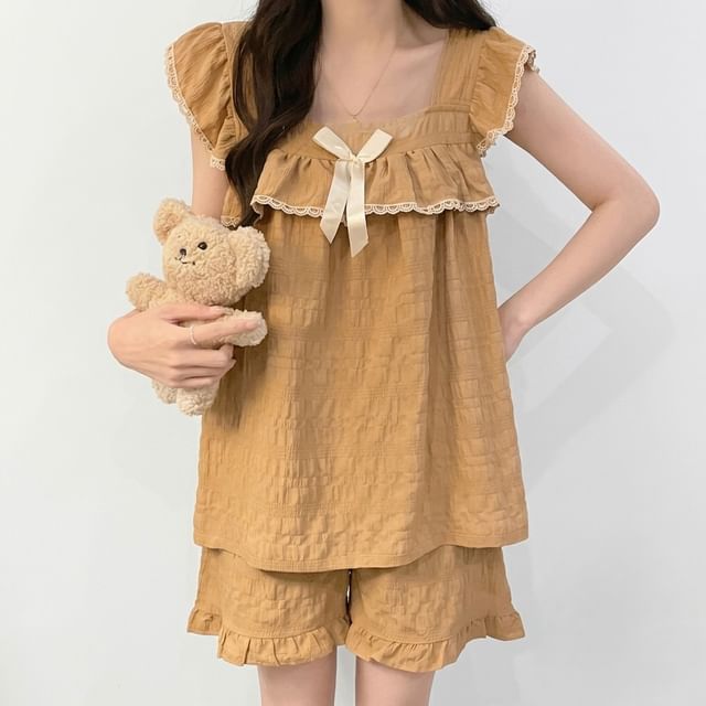 Pajama Set: Cap-Sleeve Square Neck Lace Trim Padded Top + Shorts