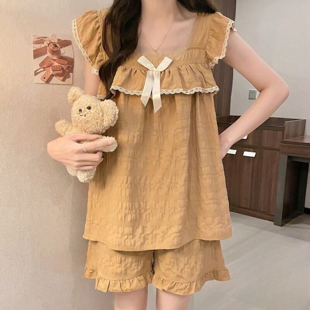Pajama Set: Cap-Sleeve Square Neck Lace Trim Padded Top + Shorts