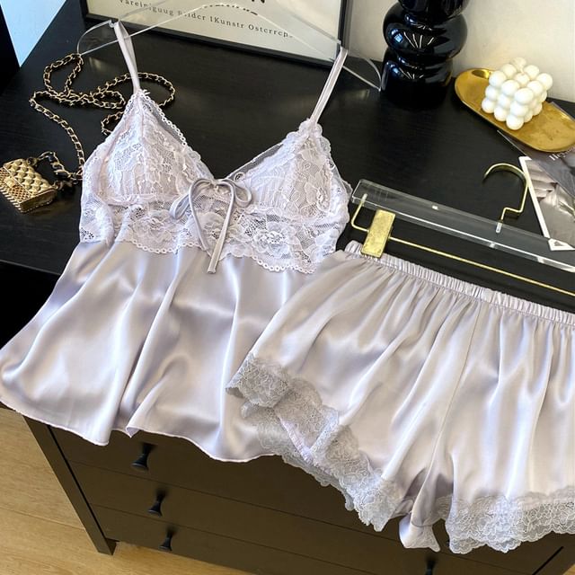 Pajama Set: V-Neck Lace Panel Padded Camisole Top + Shorts
