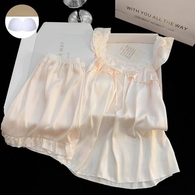 Pajama Set: V-Neck Lace Trim Padded Tank Top + Shorts