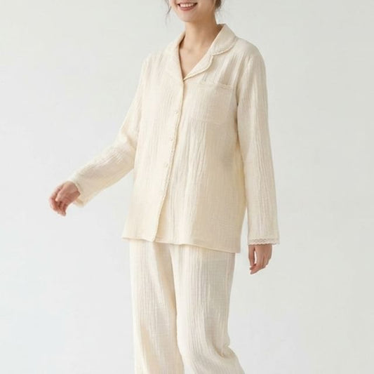 Pajama Set: Long-Sleeve Lapel Collar Lace Trim Button-Up Top + Pants