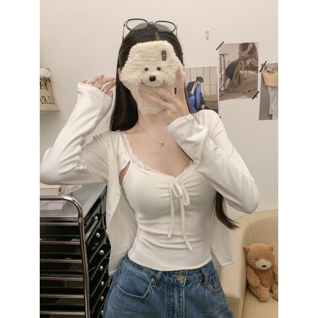 V-Neck Lace Trim Padded Crop Camisole Top / Crew Neck Button-Up Plain Cardigan