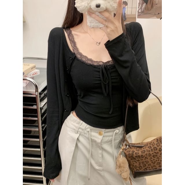V-Neck Lace Trim Padded Crop Camisole Top / Crew Neck Button-Up Plain Cardigan