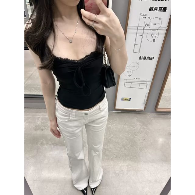 V-Neck Lace Trim Padded Crop Camisole Top / Crew Neck Button-Up Plain Cardigan
