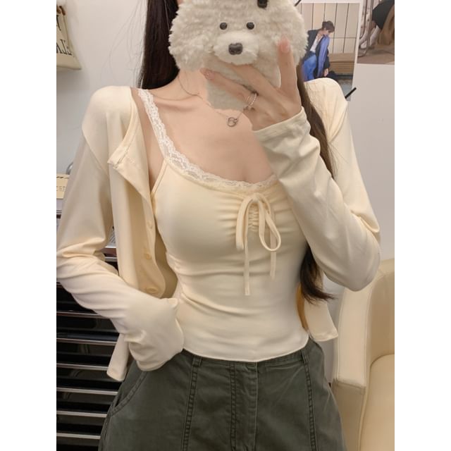 V-Neck Lace Trim Padded Crop Camisole Top / Crew Neck Button-Up Plain Cardigan