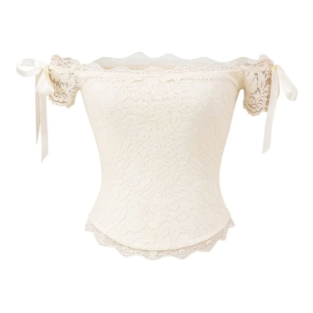 Short-Sleeve Off Shoulder Plain Lace Crop Top