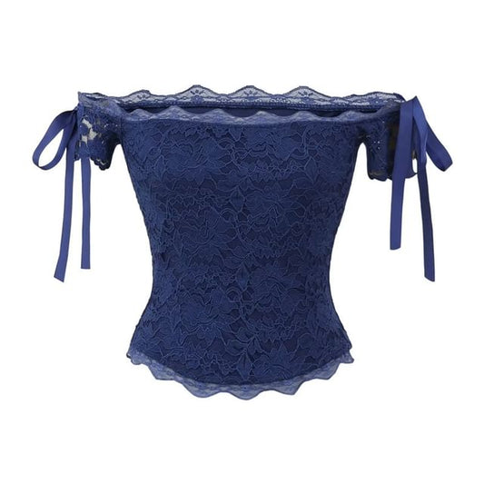 Short-Sleeve Off Shoulder Plain Lace Crop Top
