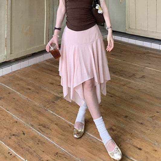 Mid Rise Plain Asymmetrical Midi A-Line Skirt