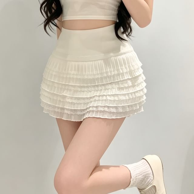 High Waist Plain Lace Trim Tiered Mini A-Line Skirt