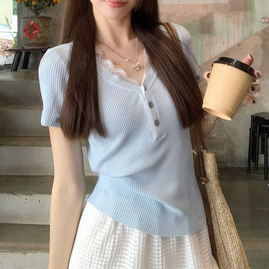 Short-Sleeve V-Neck Plain Lace Trim Ribbed Knit T-Shirt