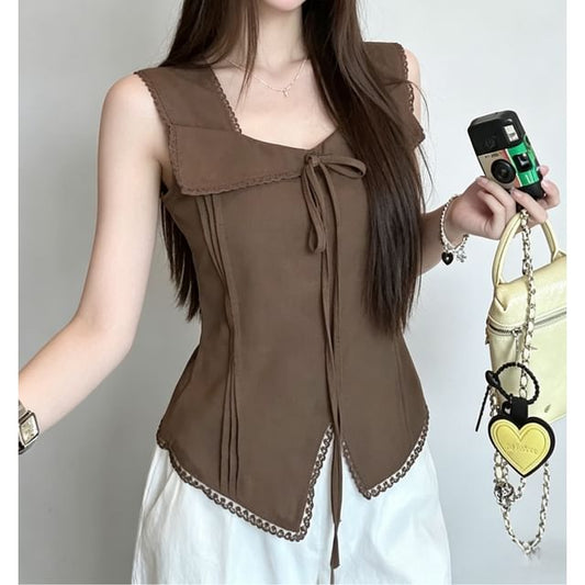 Square Neck Lace-Trim Plain Tie-Front Slim-Fit Tank Top
