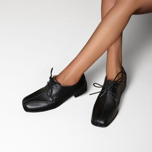 Chunky Heel Square Toe Lace-Up Faux Leather Derby Shoes