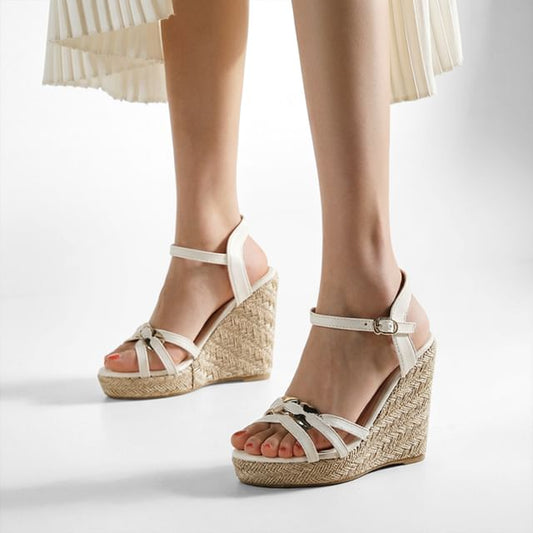 Wedge Heel Metal Accent Faux Leather Espadrille Sandals